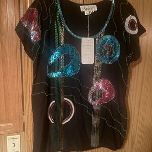 Black Sequin Pure Silk Embellished Women's Top